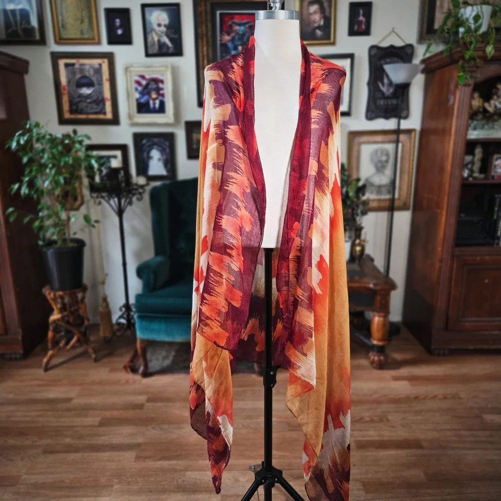 Abstract Print Scarf Large Orange Burgundy Sheer Lightweight Wrap Shawl 78x46